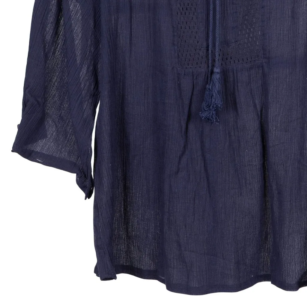 Studio West Peasant Blouse L Women NEW Blue Boho Sheer Crochet Tunic Bell Sleeve - Image 3