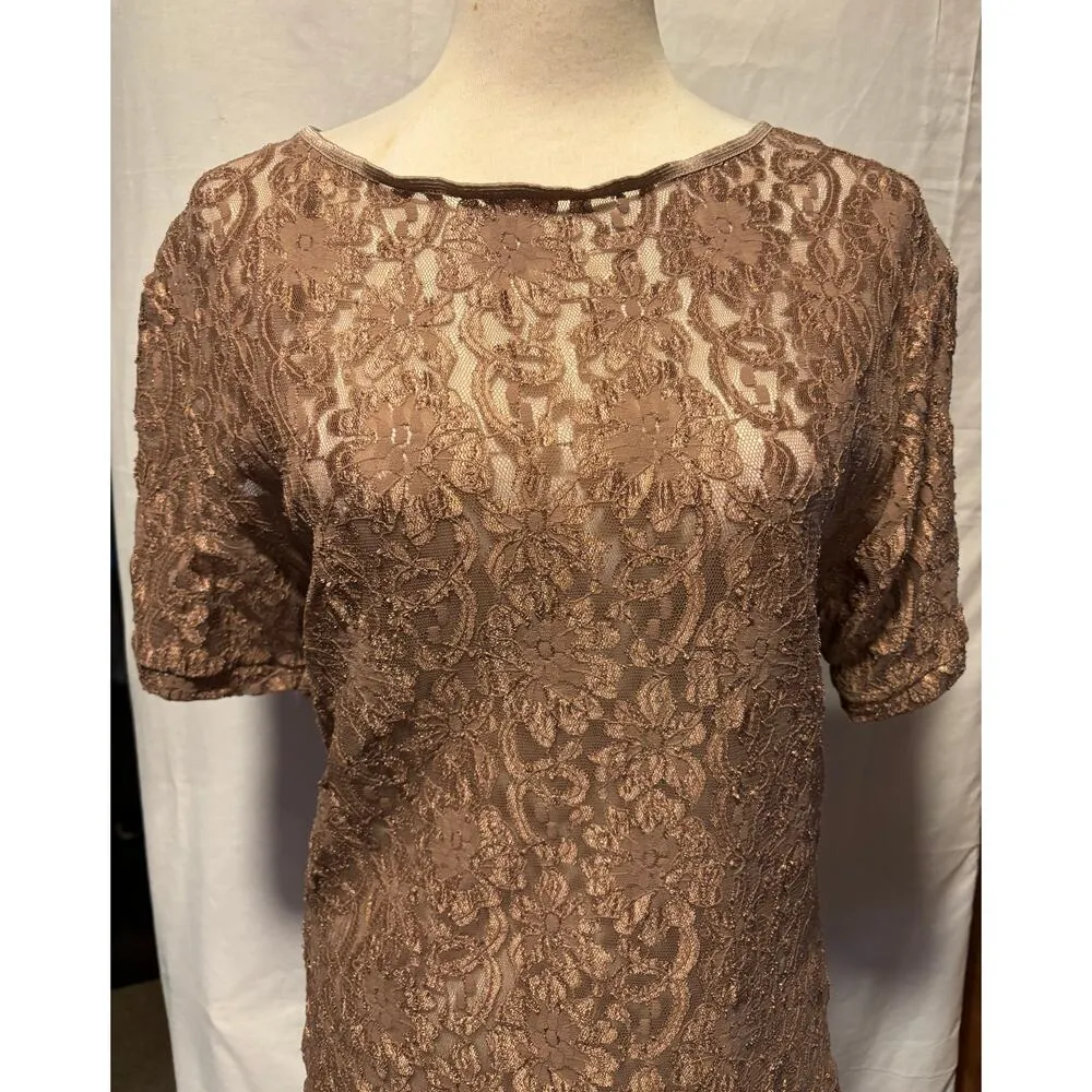 Cinema Etoile Vintage Cocoa Brown Stretch Lace Top Short Sleeve - Image 2