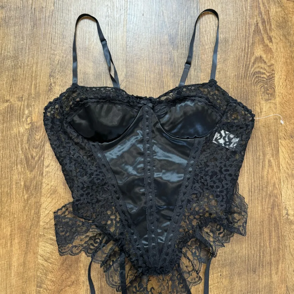Vtg Y2K Black Babydoll Corset Bustier Top w Garter Straps Sz Large Satin Lace - Image 3