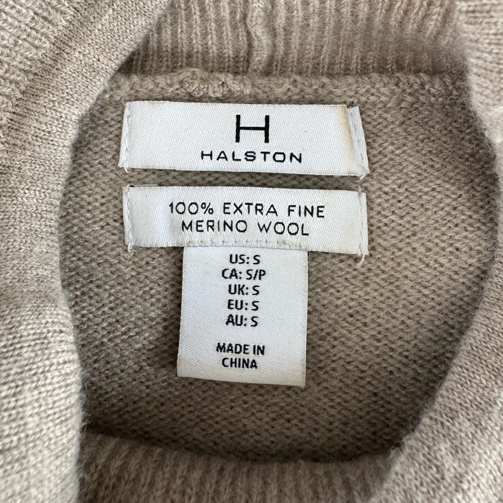Halston Taupe Oatmeal Merino Wool Drawstring Mockneck Sweater Size Small - Image 5