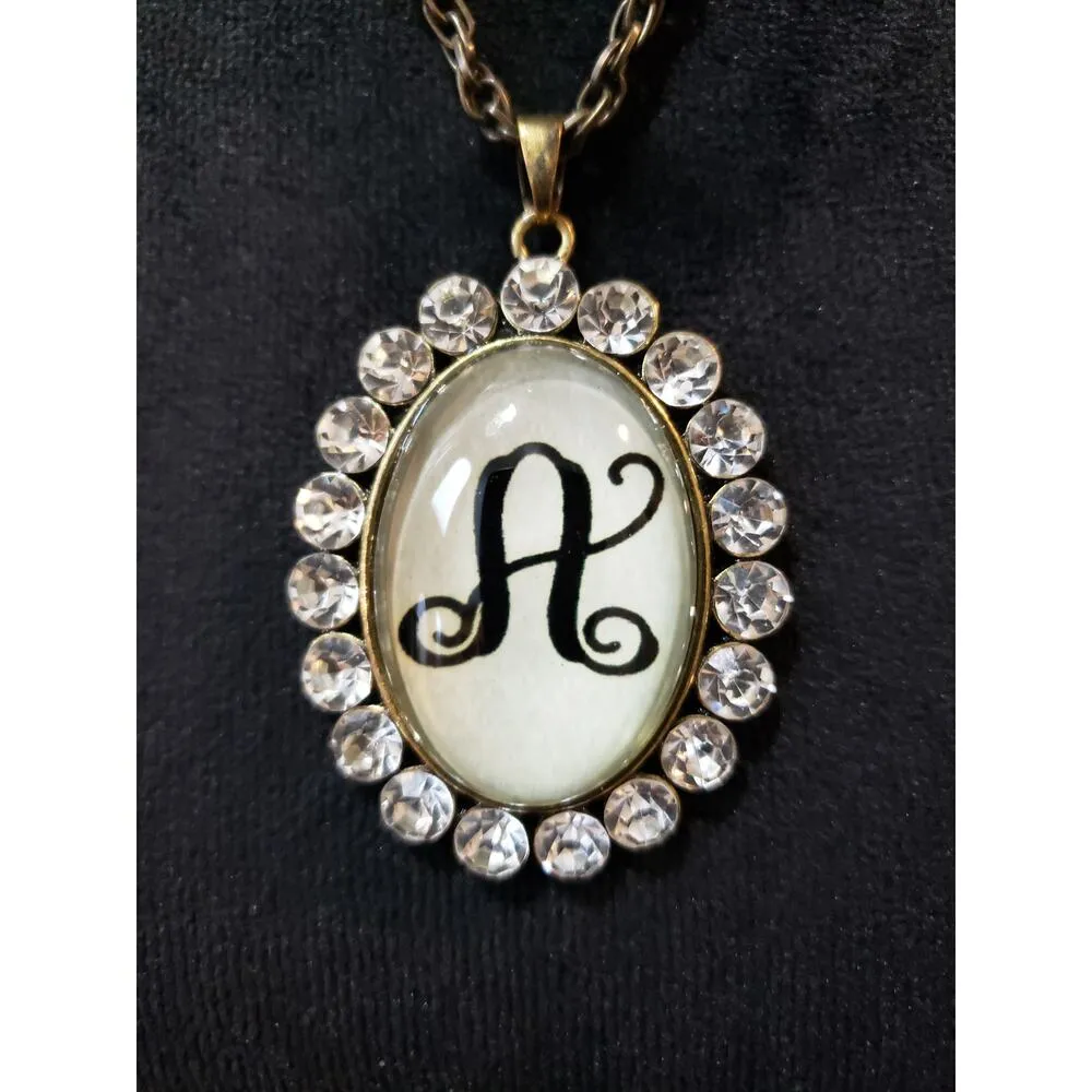 Vintage Monogram A Necklace Gold Tone Crystal Oval Pendant Women's Jewelry - Image 3