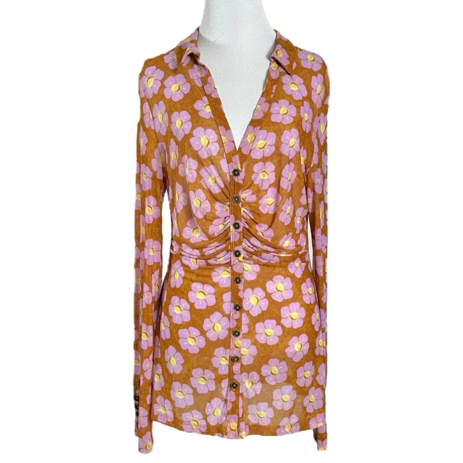 Free People Lucky Shirtee Floral Button Up Shirt Coffee Sheer Mesh 70s XS NWT - Image 6