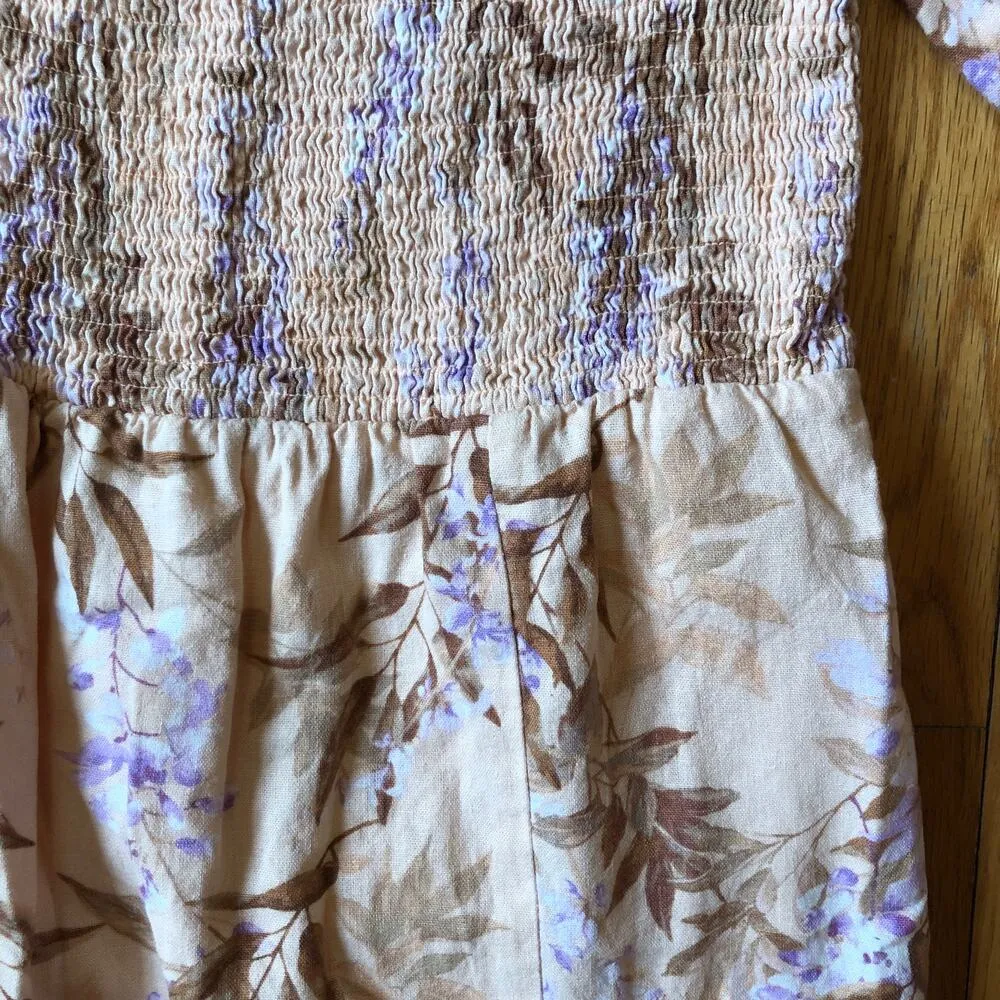 House of Harlow EUC Women's 1960 Linen Smocked Pink Palm Midi Dress Size S - Image 5