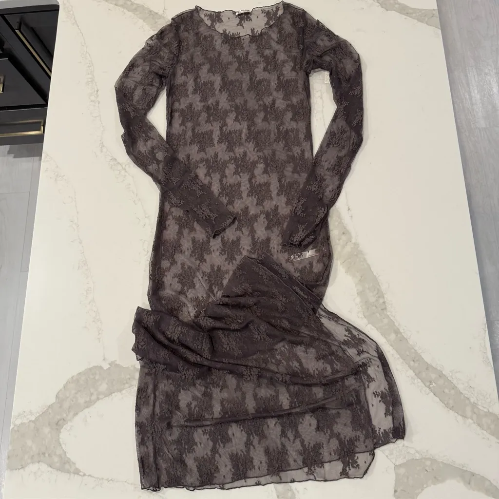 Free People NWT Lady Lux Maxi Sheer Lace Slip Dress Womens Medium Dark Gull Gray - Image 3