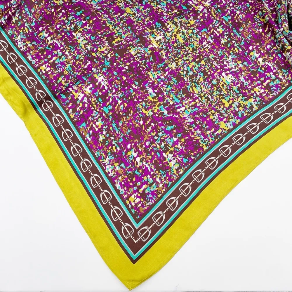 Vintage Oversized Silky Satin Square Scarf Equestrian Print Purple Green Speckle - Image 5