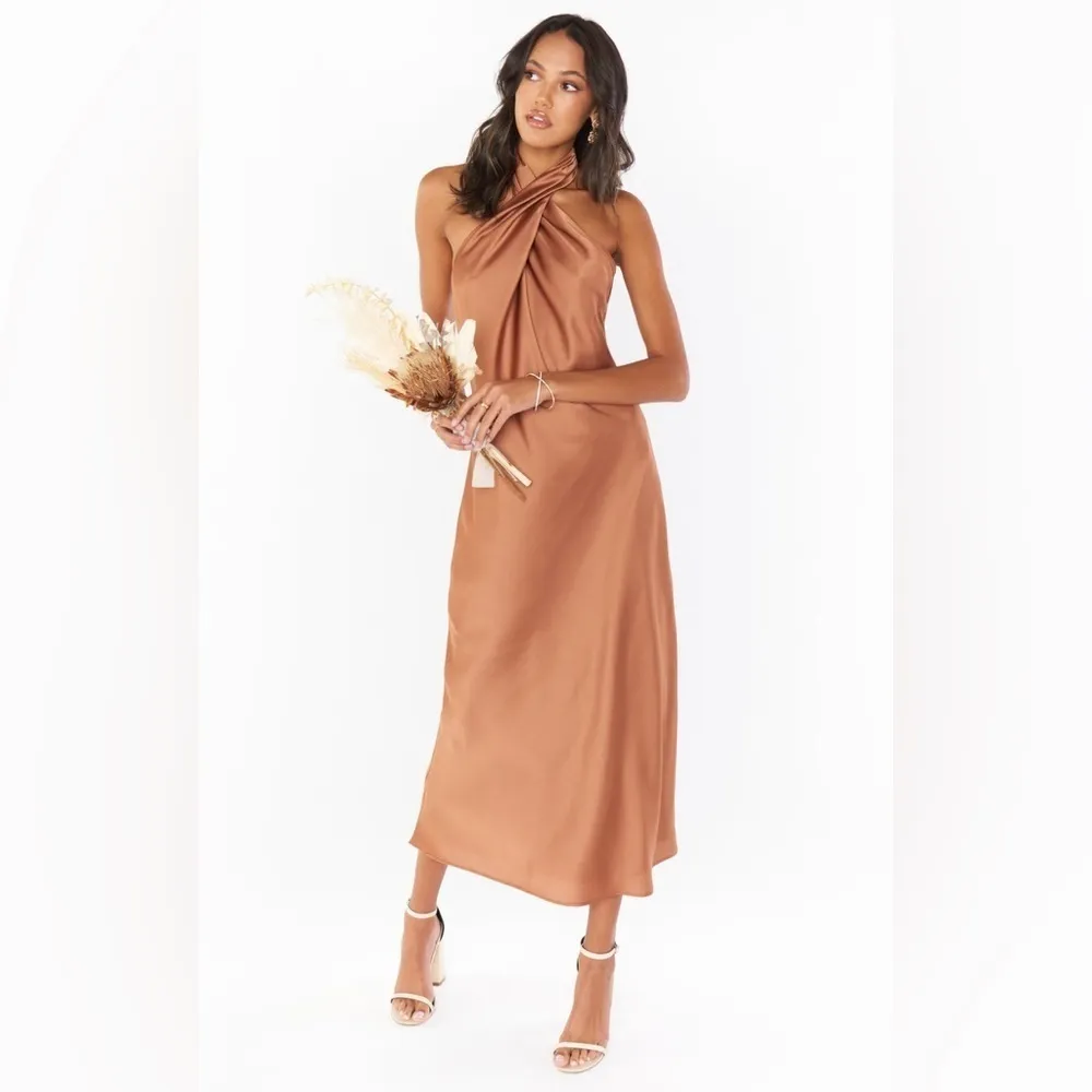 SHOW ME YOUR MUMU Jasmine Halter Midi Dress In Copper Luxe Satin - Image 3