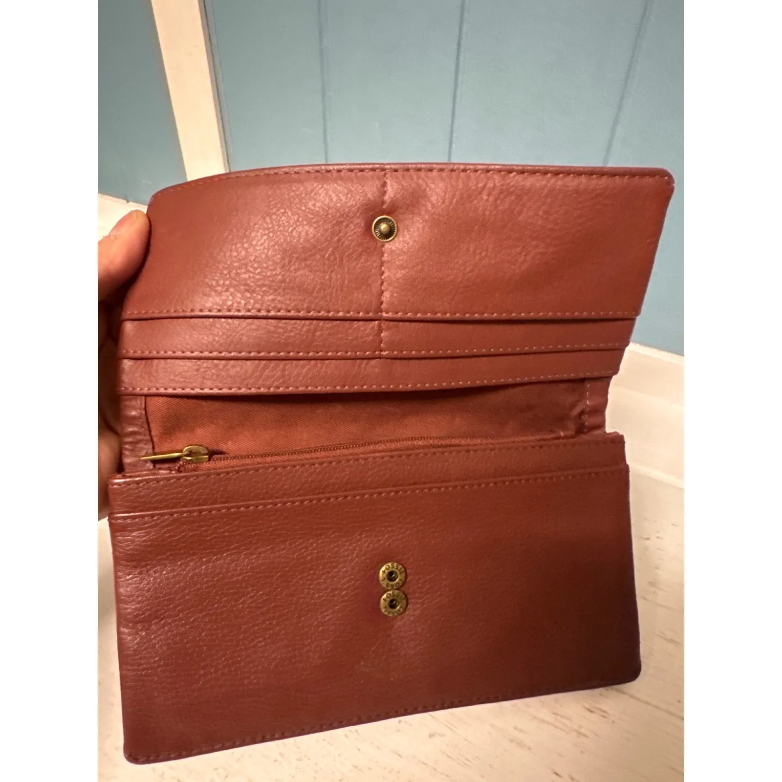 Fossil Aubrey Leather Wallet Brown Snap Closure Coin Pouch Clutch Wristlet - Image 4