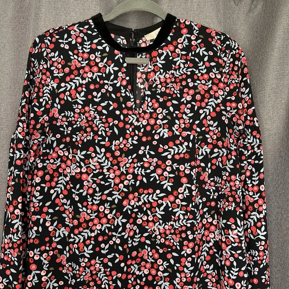 LOFT Dress Womens Size Small Velvet Trim Long Sleeve Keyhole Floral Cherry Berry - Image 2