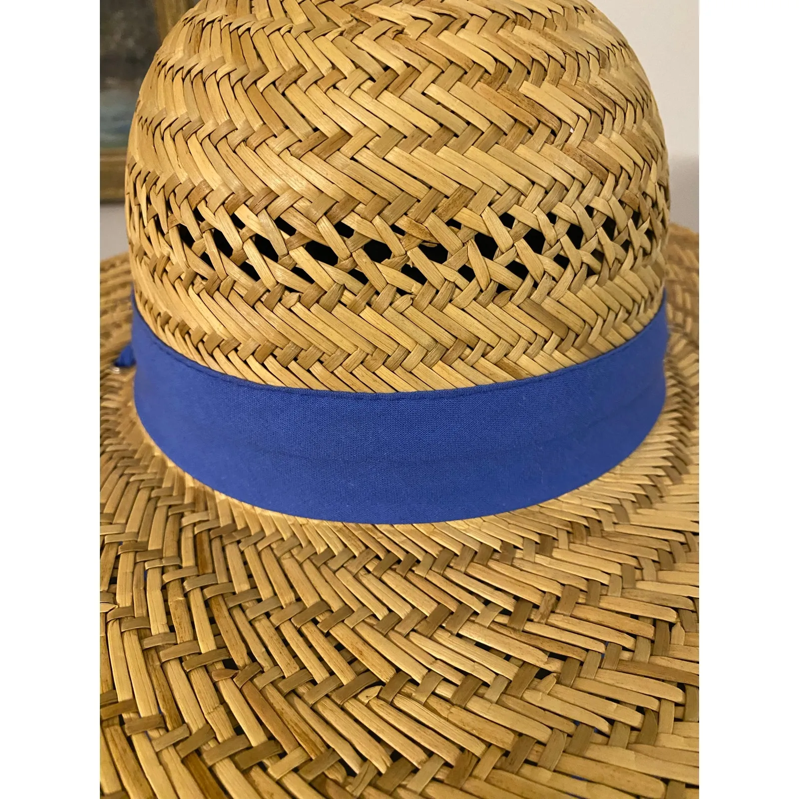 Shade Shack 100% Wide Brim Straw Sun Hat Size Medium Blue Band Chin Cord Lanyard - Image 4