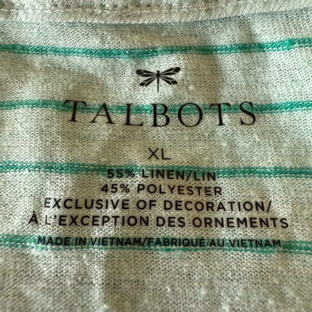 Talbots Top Seafoam Green Striped Pom Pom Trim Linen Blend Tee T-Shirt NWT XL - Image 2
