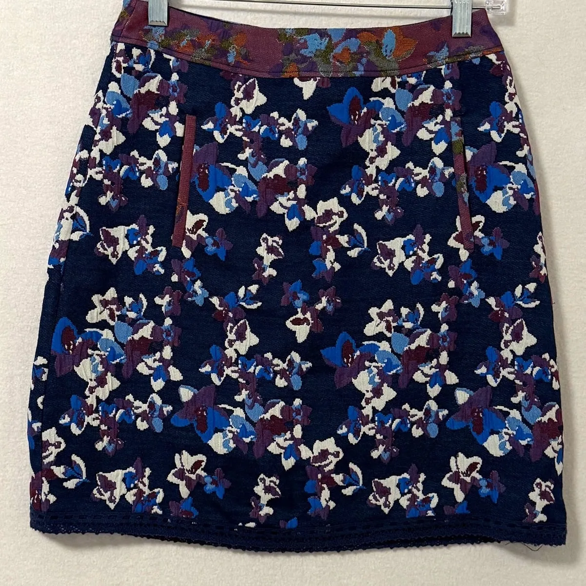 Maeve Anthropologie Cardana Size 0 Blue Jacquard Floral Mini Skirt Y2K Style‎ - Image 2