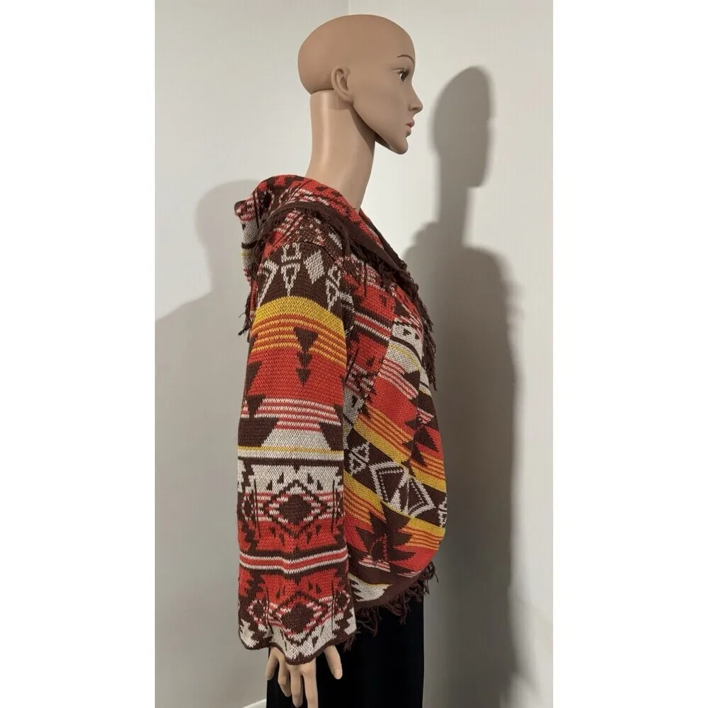 BILLABONG Boho Brown Orange Aztec Southwest Fringe Open No Buttons Cardigan LRG - Image 4