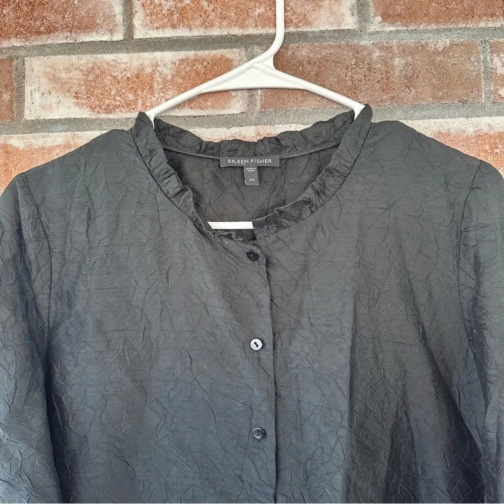 Eileen Fisher Black Button Up Crinkle Textured Style Blouse Silk Women’s XS - Image 2