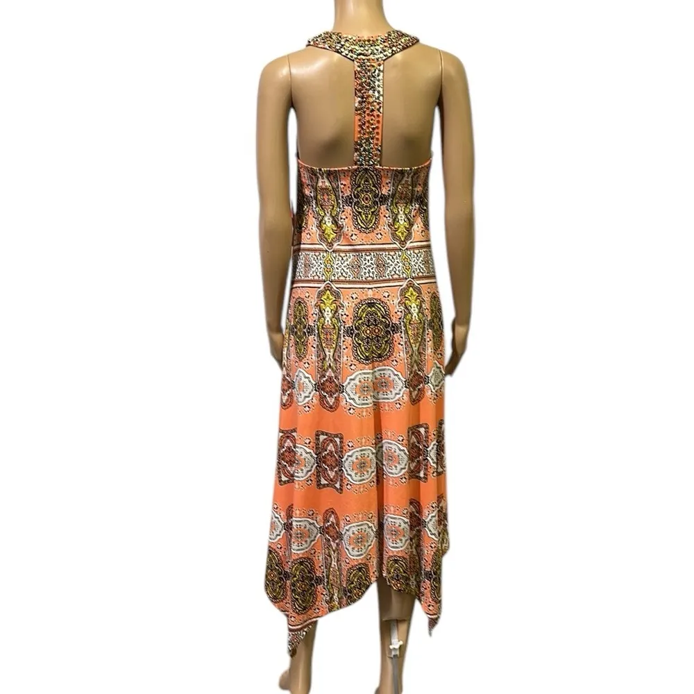 INC Morocco Blissful Medallion Beaded Handkerchief Racerback Midi Dress Small Orange - Image 6