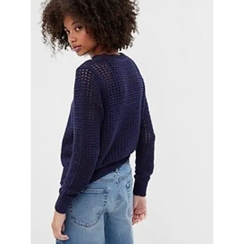 GAP Womens Crochet Crewneck Pullover Sweater Long Sleeve Navy Blue Small Coastal - Image 2