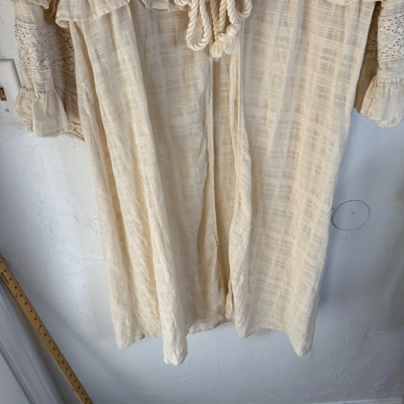 Peace Love‎ World Beige Cotton Lace Trimmed Ruffle Sl Duster Kimono Cardigan L - Image 3