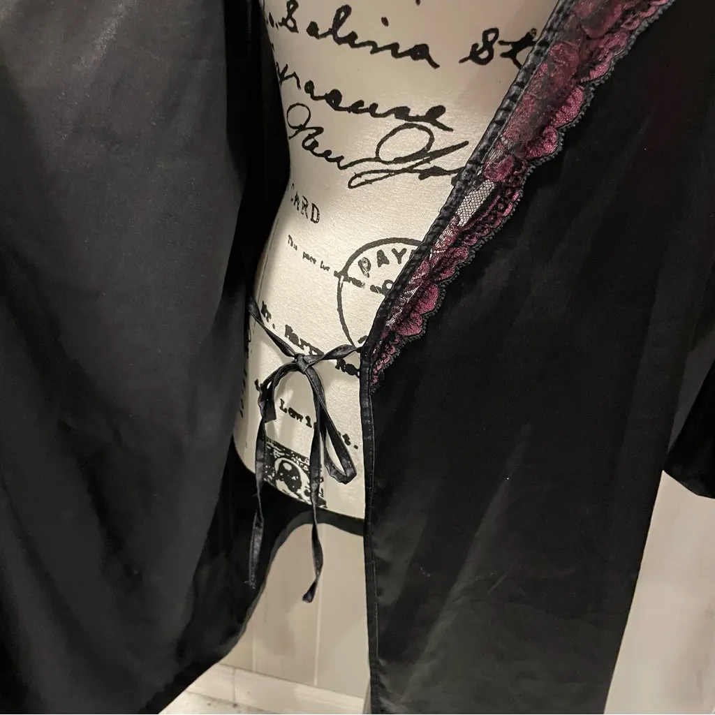 Black silky satin wine lace trim kimono robe whimsigoth midi - Image 13
