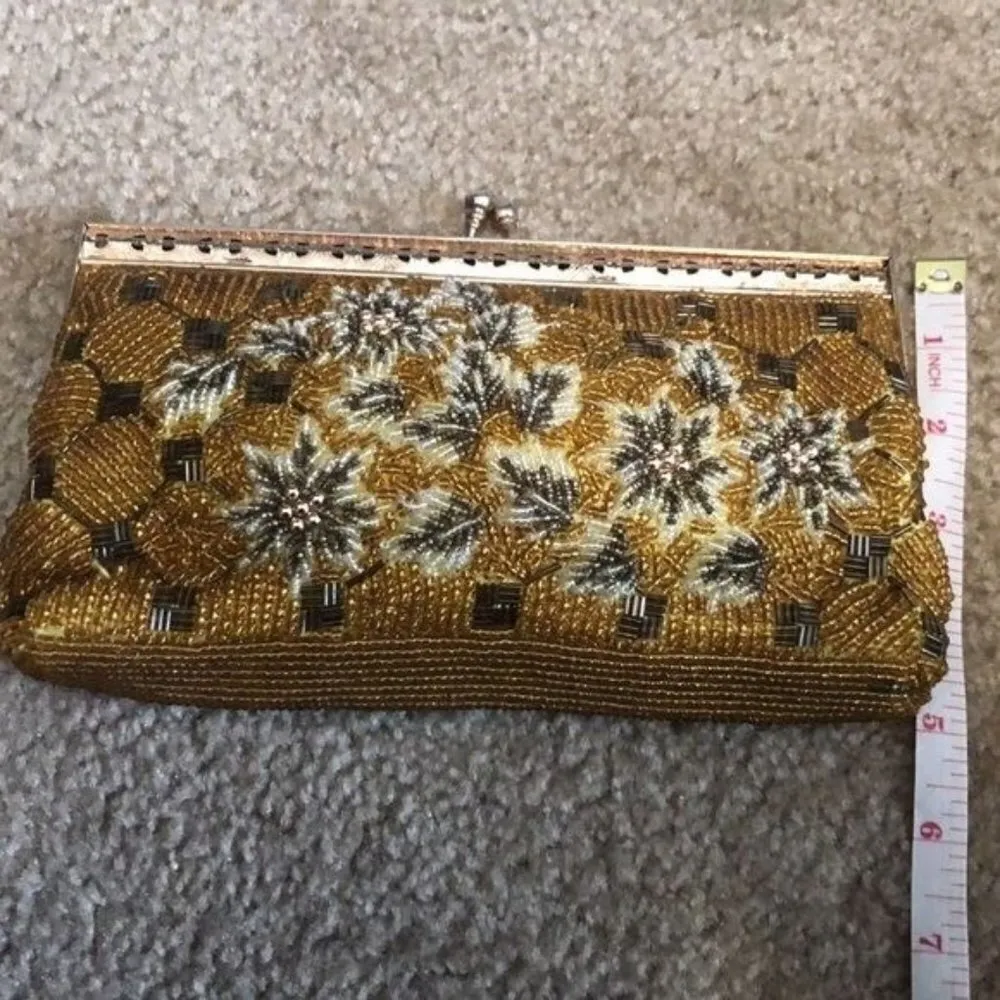 Vintage Micro Beading Petit Point Floral Purse Handbag Clutch Gold - Image 5