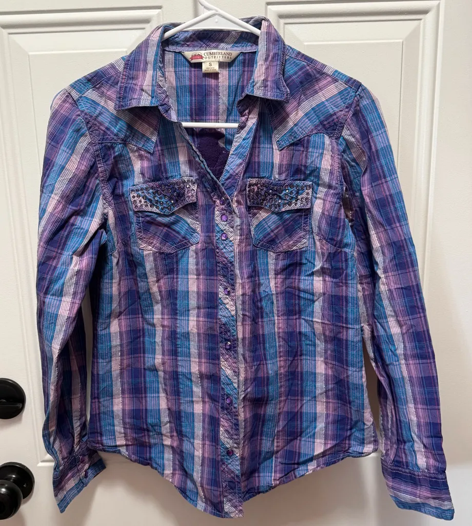 Cumberland Outfitters Embroidered Cotton Purple Metallic Plaid Button Down Small - Image 1