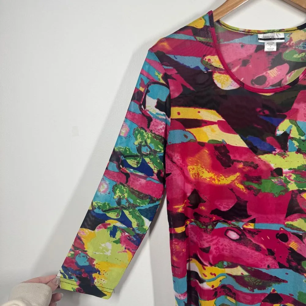 Mirror Image Top Women Size S Black Pink Colorful Sheer Blouse 3/4 Sleeve Tunic - Image 5