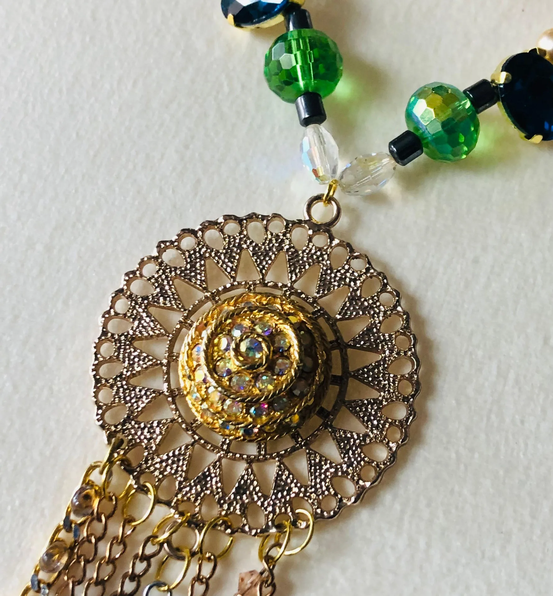 Handcrafted filigree pendant Czech Pearl genuine emerald gemstone clasp necklace Gold - Image 7