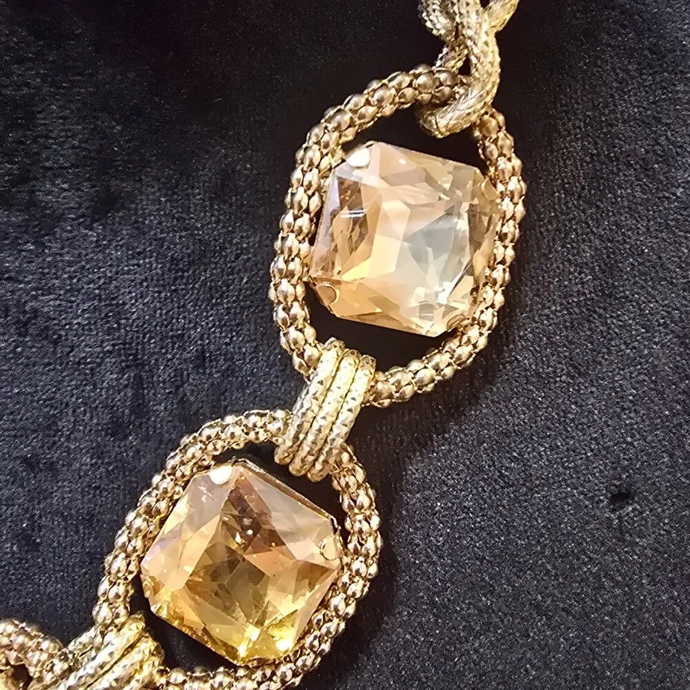 Square Crystal Statement Jeweled Necklace Gold Chunky Link Carat Tone Chain - Image 4