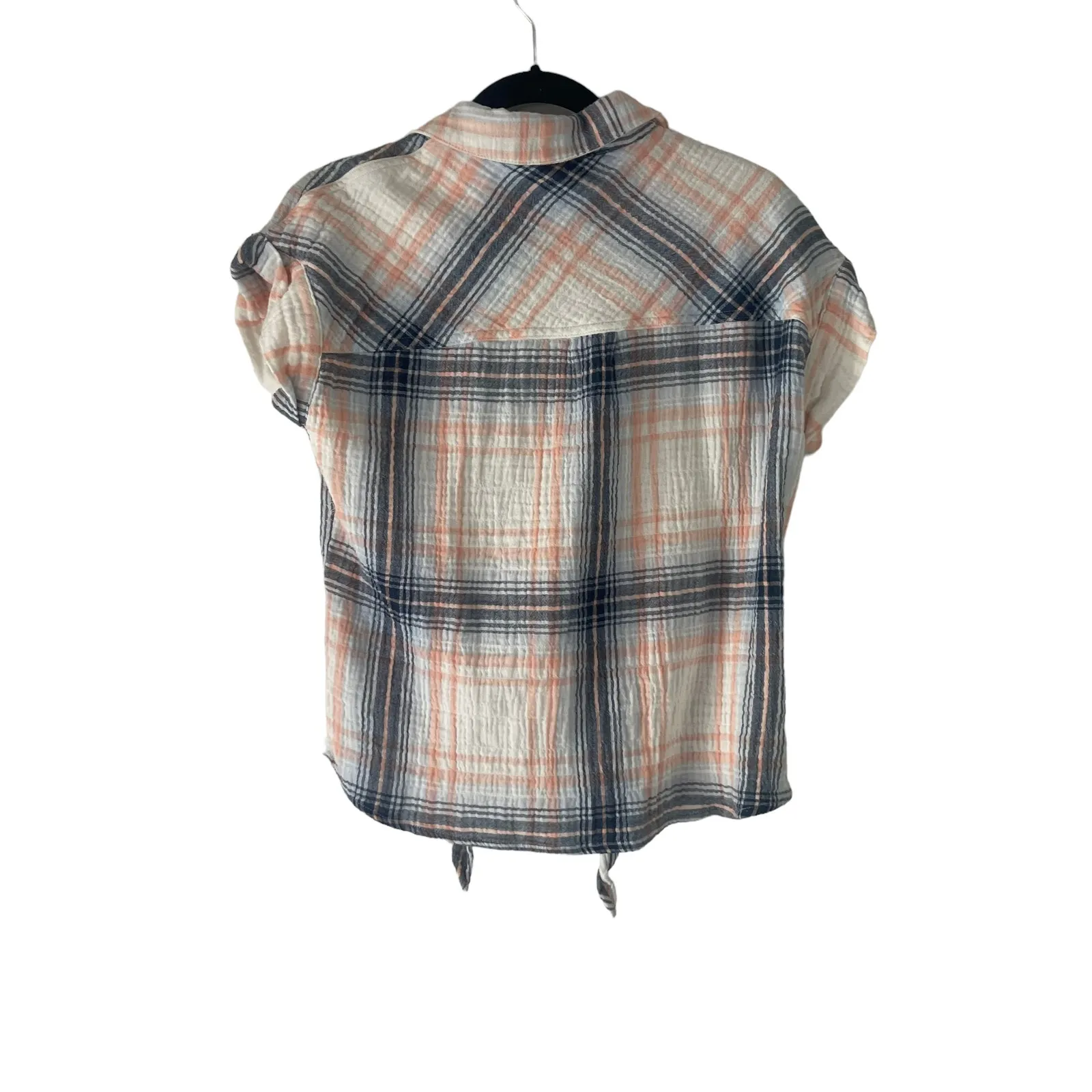 Sanctuary Women's Size Small Blue Pink Plaid Button Up‎ Gauze Short Sleeve Tie - Image 7