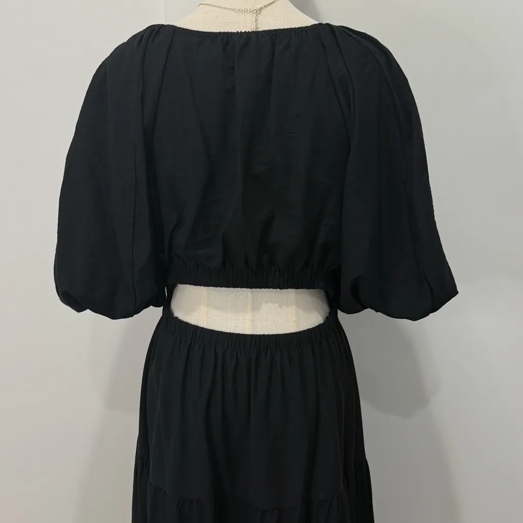 Puff Sleeve Shirred Cutout Tiered Midi Dress Medium Black Puff Sleeve Cottage - Image 5