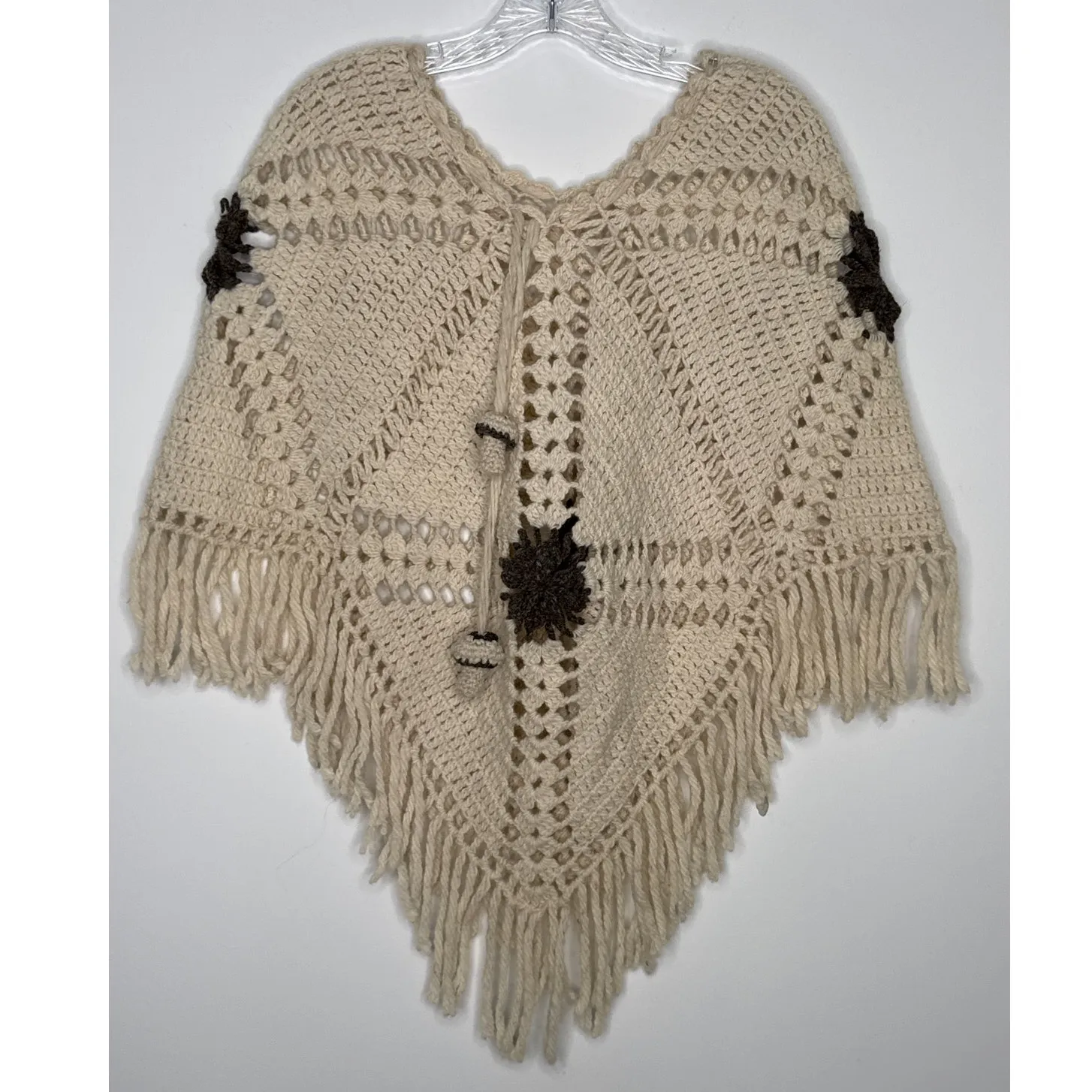 Vintage 1970s Handmade Crochet Poncho with Mushroom Tassel Ties & Fringe S - Image 14