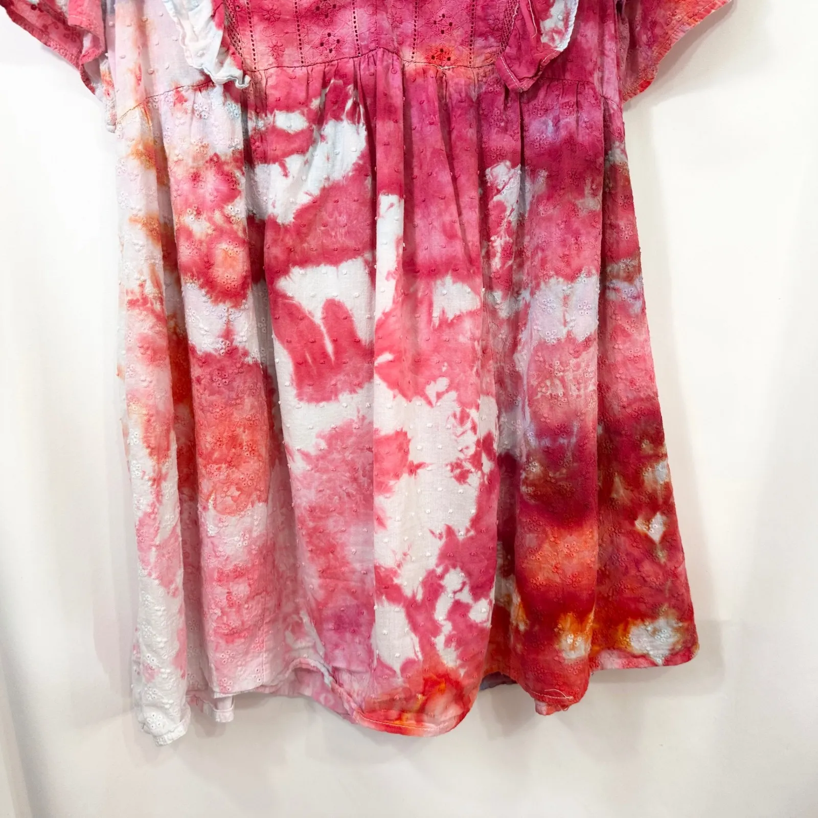 Umgee‎ Small Dress Handmade Tie Dye Ruffle Short Sleeve Mini Pink White 1322 - Image 4