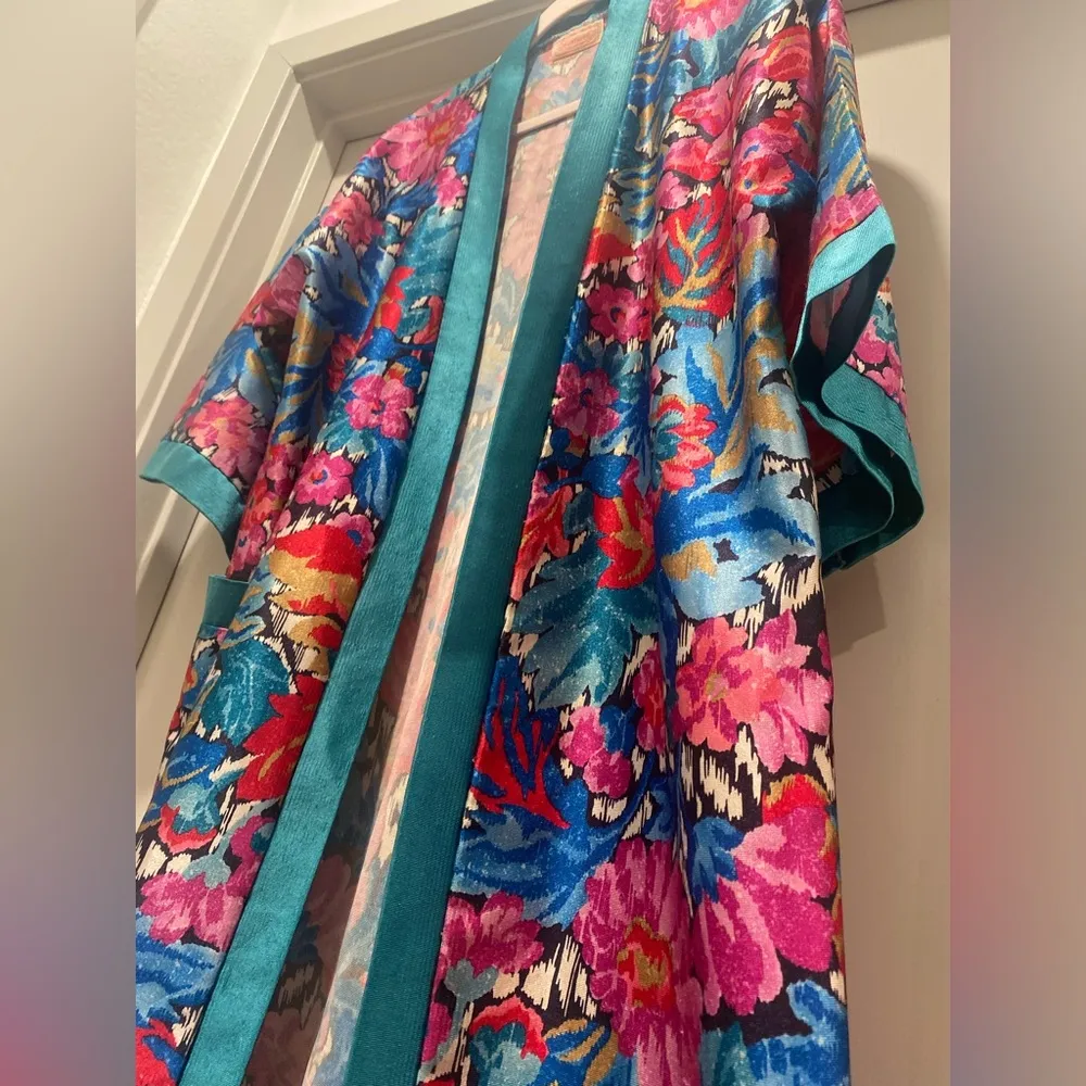 VTG 70s 80s Heather Collection Hot Pink & Teal Blue Florl Kimono Robe Bathrobe - Image 10