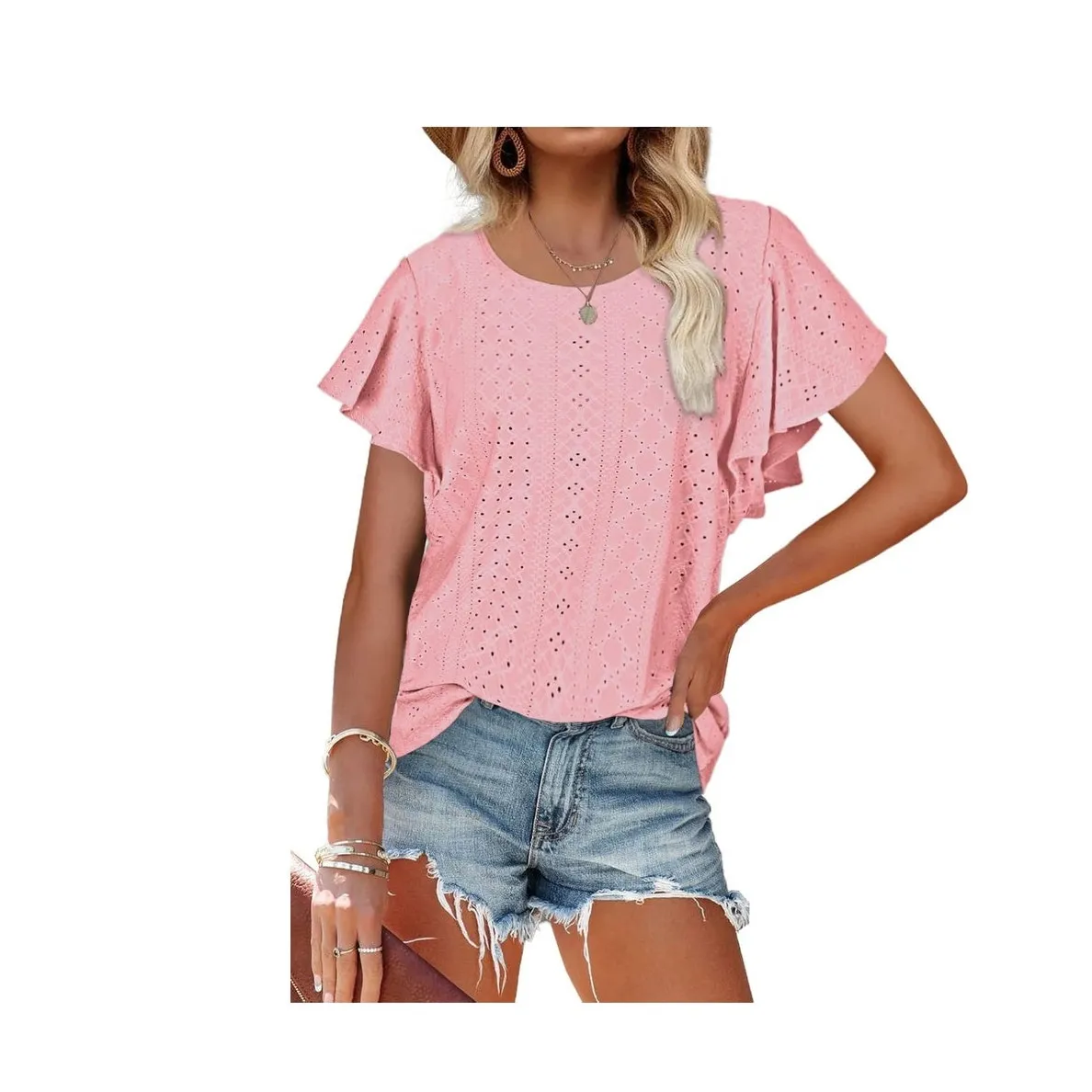 NWT Womens Tshirt‎ Loose Fit Round Neck Ruffle Sleeve Casual Tops Pink MED - Image 3