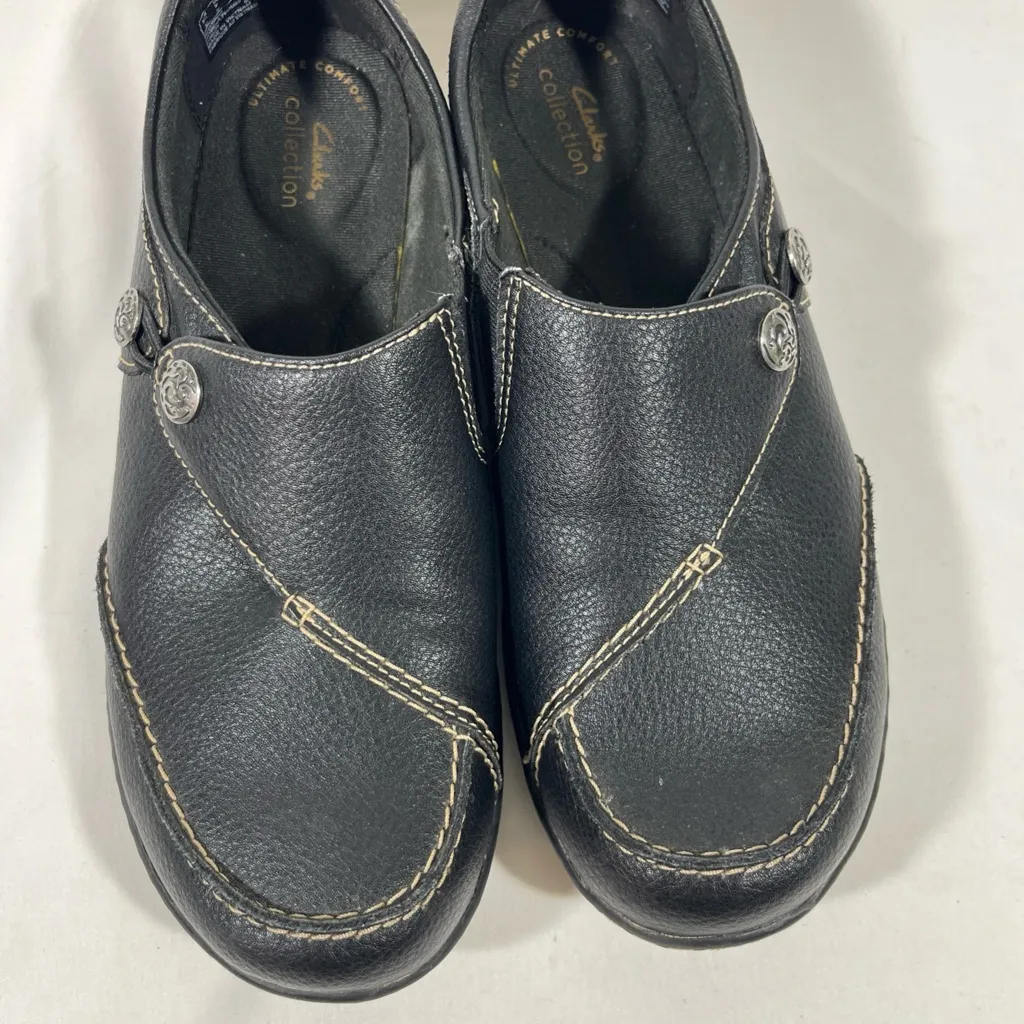 CLARKS ASHLAND‎ LANE WOMENS LEATHER SLIP ON COMFORT LOAFER BLACK SZ 9 PREOWNED - Image 6