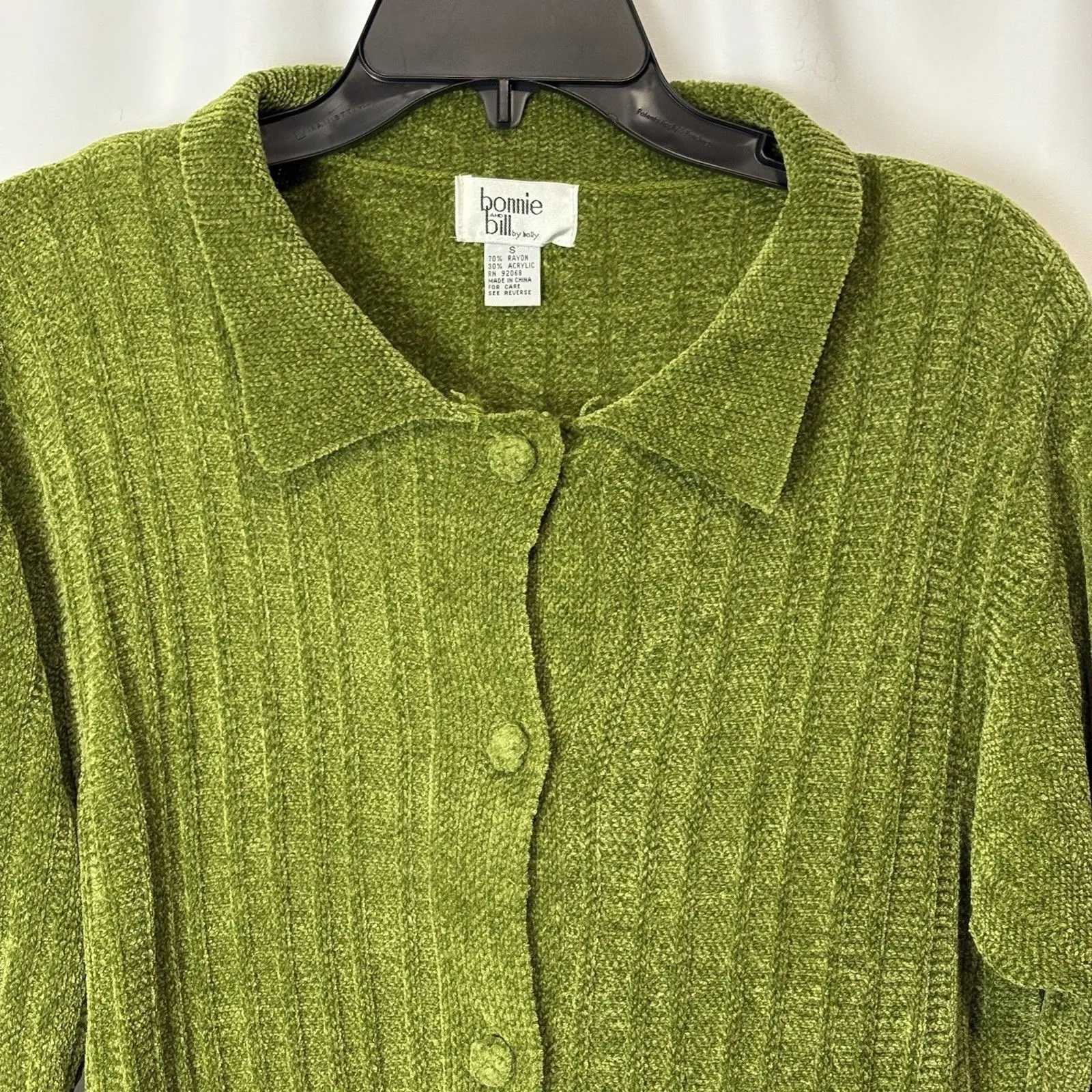 Vintage 90s Small Chenille Sweater Cardigan Peter Pan Collar Pockets Green Cozy - Image 2