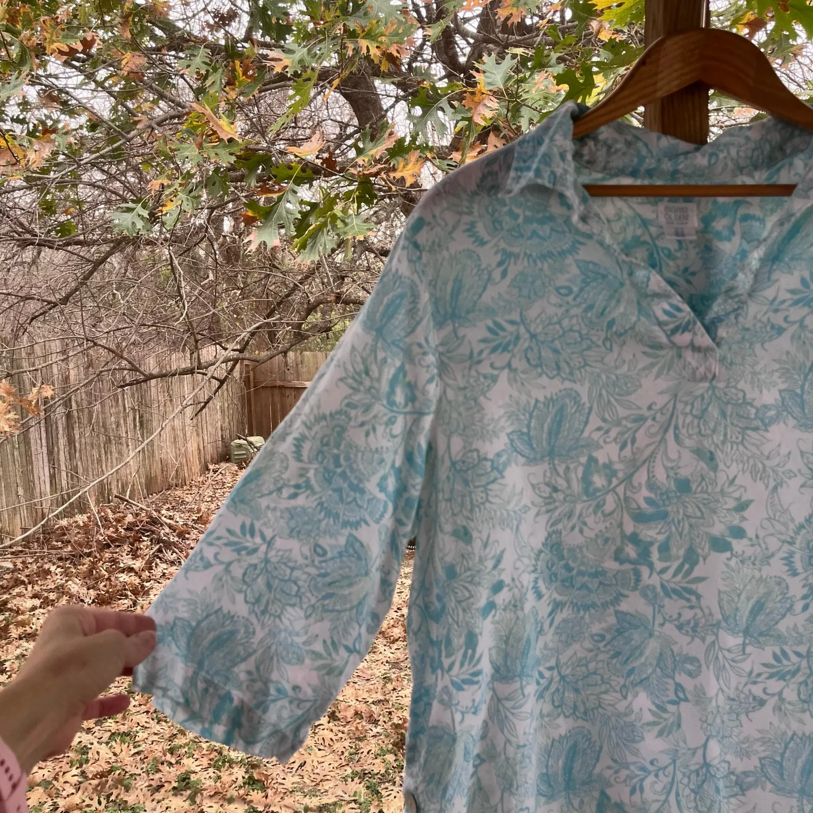 Sigrid Olsen Women's 100% Linen Blue & White Printed Top Size 1X - Image 3