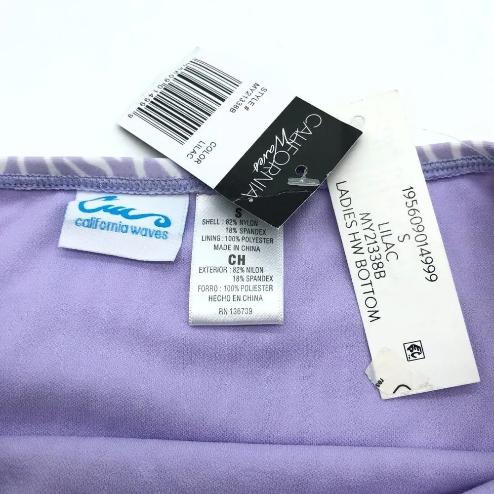 California Waves High-Waist Bikini Bottoms Cut Outs Zebra Stripe Purple White S - Image 5