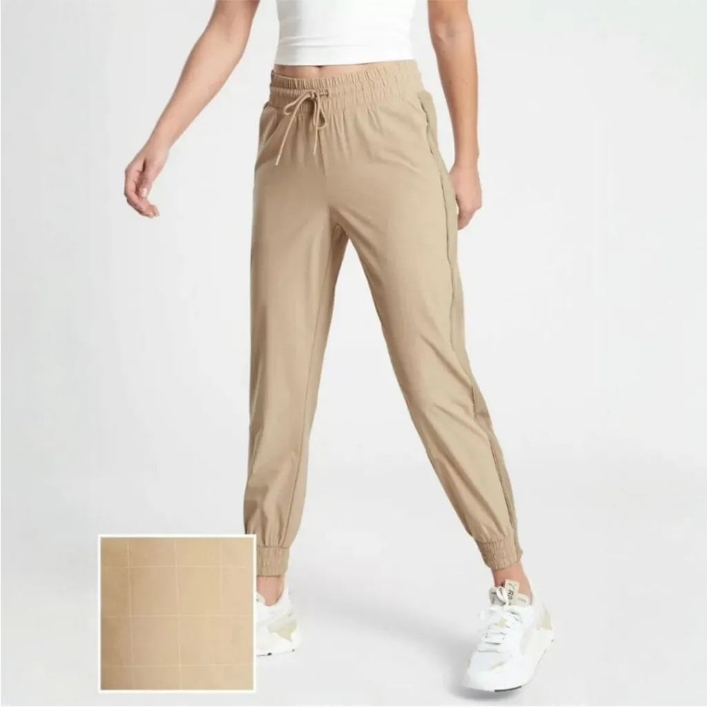 Athleta Brooklyn Textured Athleisure Joggers Pants Windowpane Tilt Taupe Size 8 - Image 2