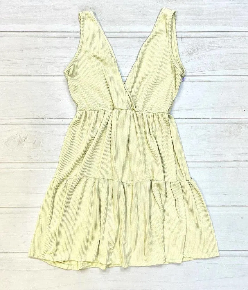 Caution to the Wind Women's Yellow V Neck Knit Baby Doll Dress Medium - Image 2