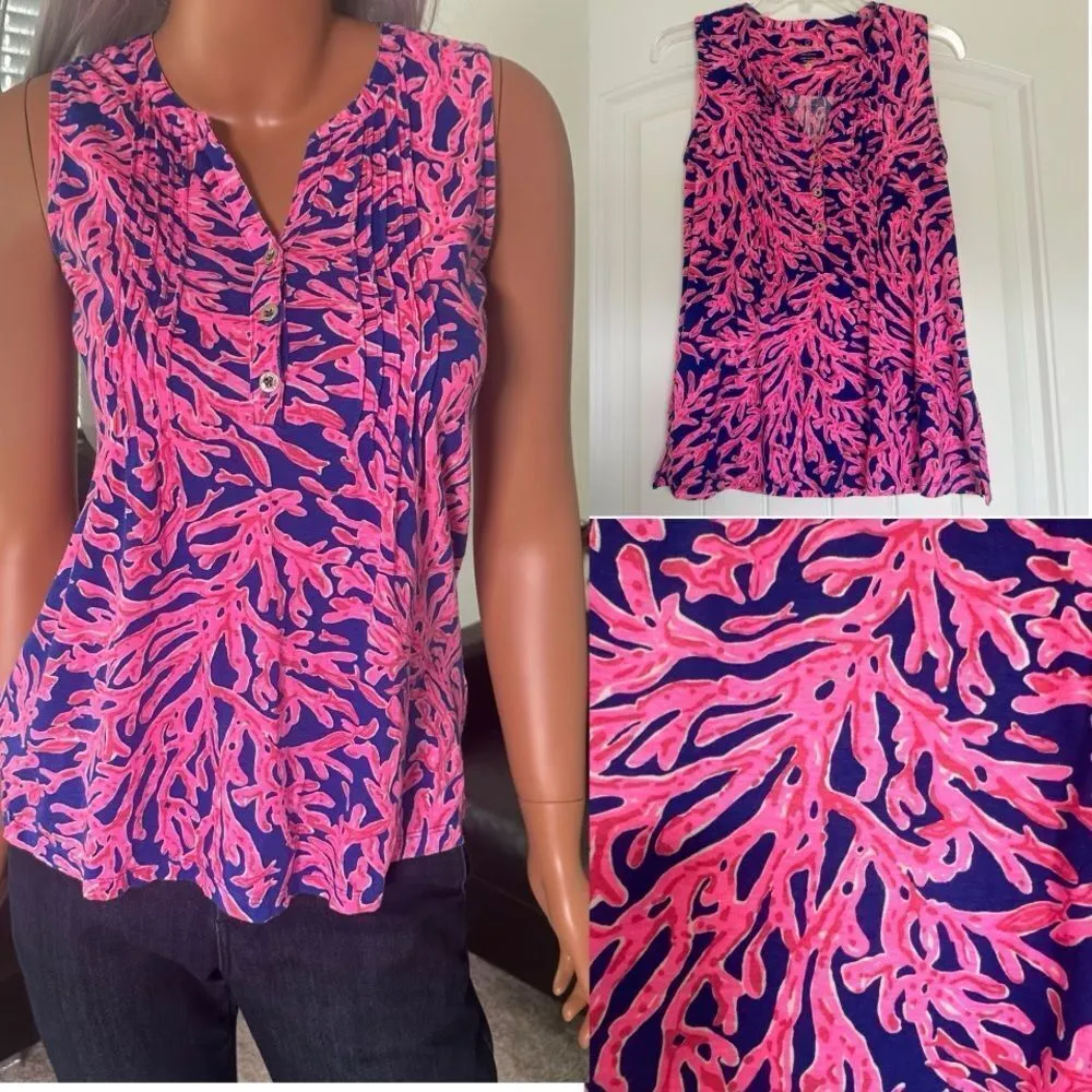 Lilly Pullitzer Sleeveless Top Samba Coral Small Pink Blue Resort Beach Coastal - Image 2