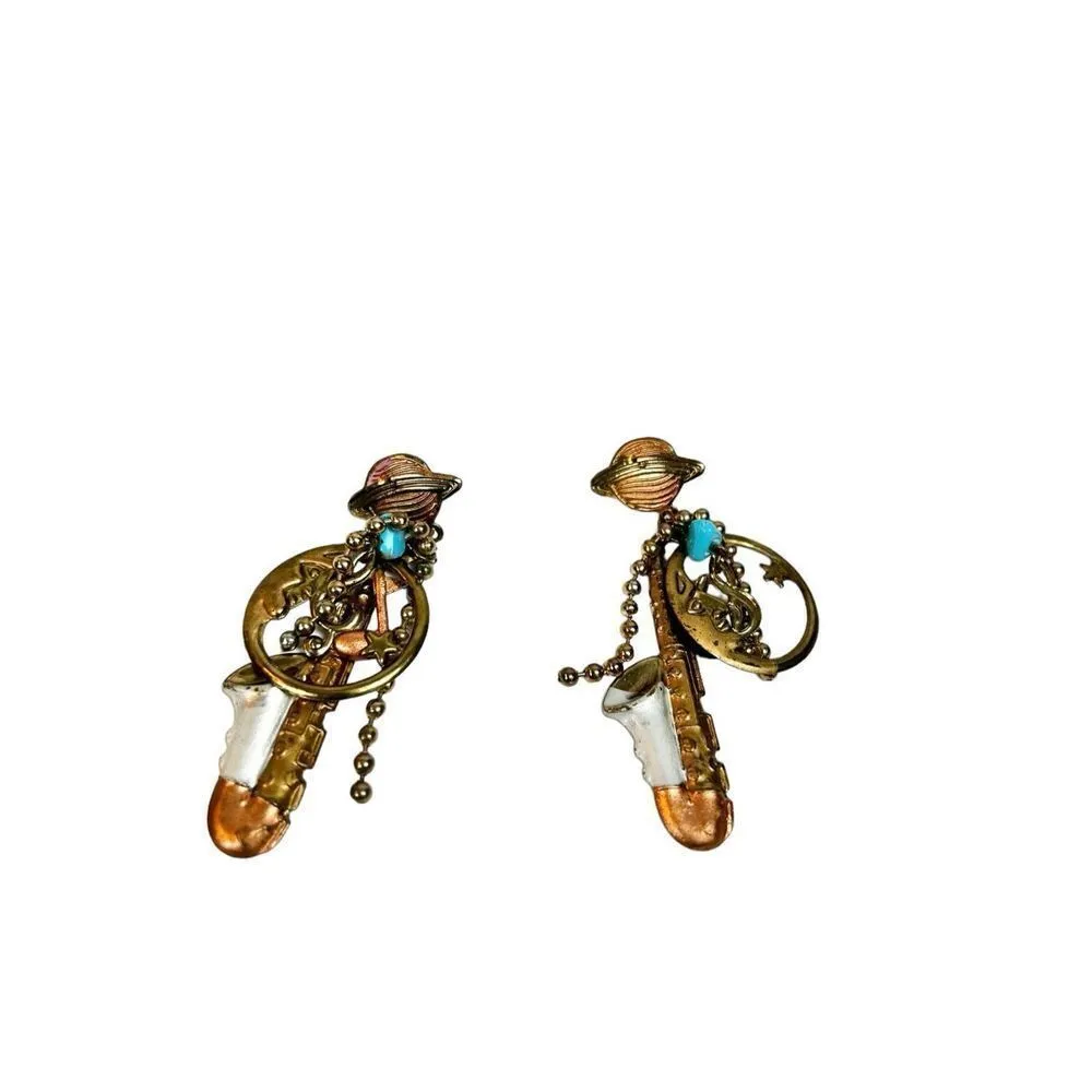 Saxophone, moon and Saturn charm dangle earrings copper gold and blue hue music - Image 8