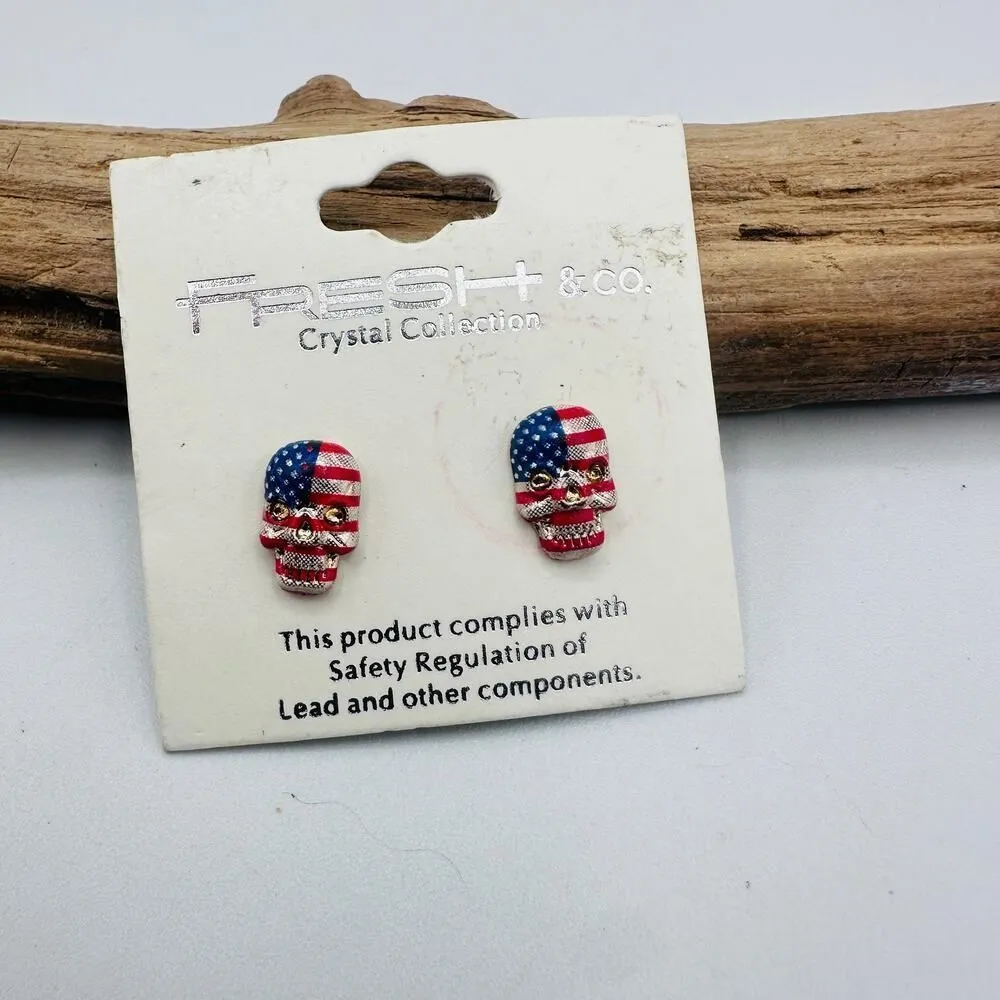 Vintage 2007 Patriotic Skull Stud Earrings – American Flag Crystal Design Red - Image 2
