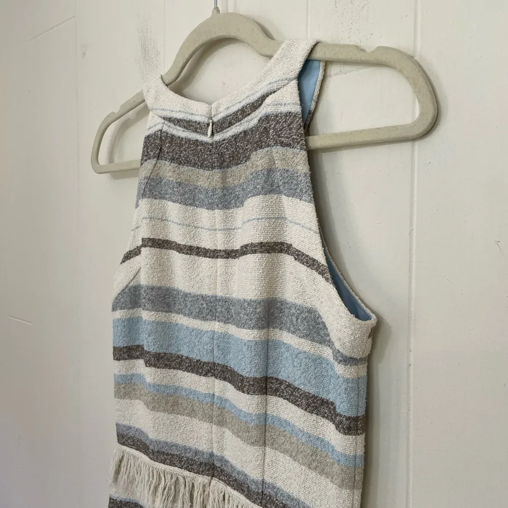 Tory Burch Sleeveless Tweed Dress Cream Grey Striped Fringe Trim ~ Size 2 - Image 10