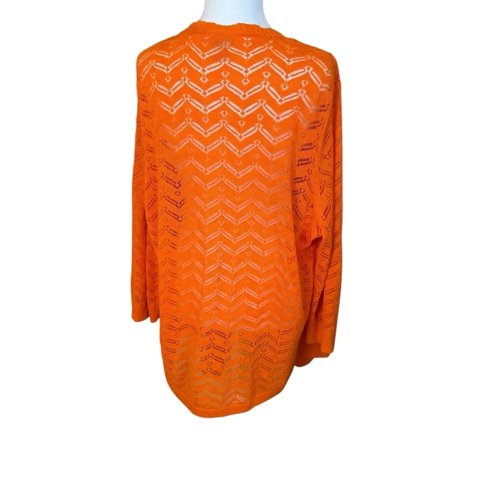 Chicos Size 3 (XL) Lily Open Knit Cardigan Sweater Long Sleeve Orange Shark Bite - Image 7