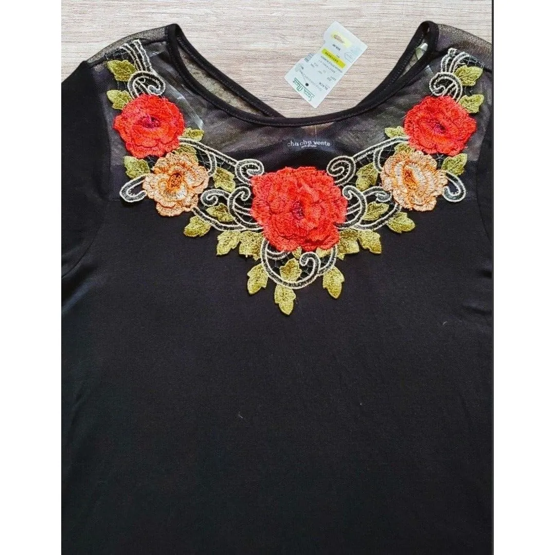 Cha cha Vente Shirt Women Medium Embroidered Roses Wide Sleeve Shirt Top USA - Image 7