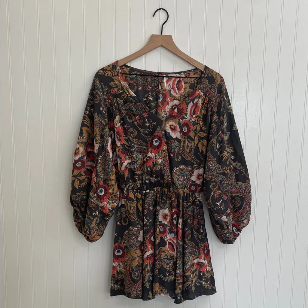 FREE PEOPLE High Plains Boho Mini Dress Black Paisley Floral Cottagecore Size XS - Image 3