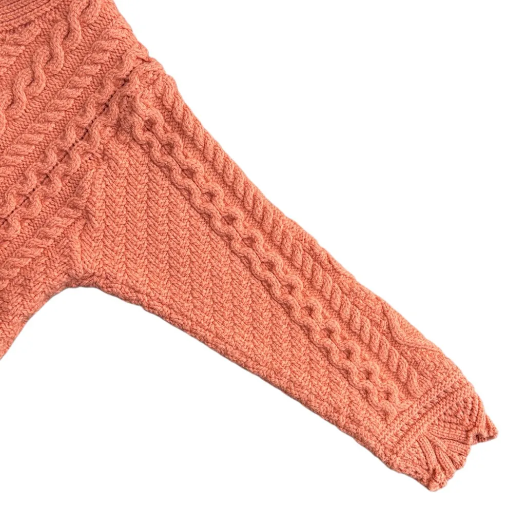 Like New Aran Crafts Merino Wool Cable Knit Crop Lngth Scallop Hem Sweater Large Orange - Image 8