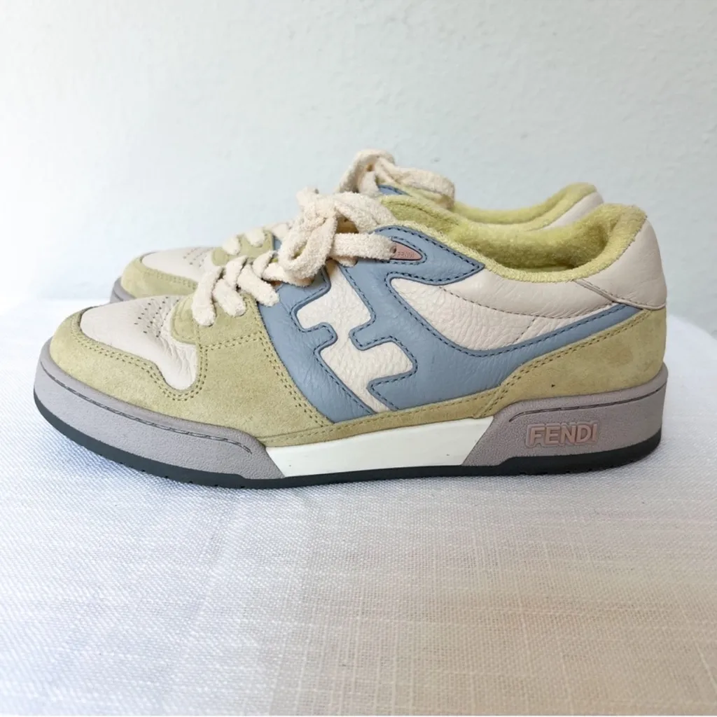 Fendi Match Sneakers Pastel Yellow Suede White & Light Blue Leather - Image 6