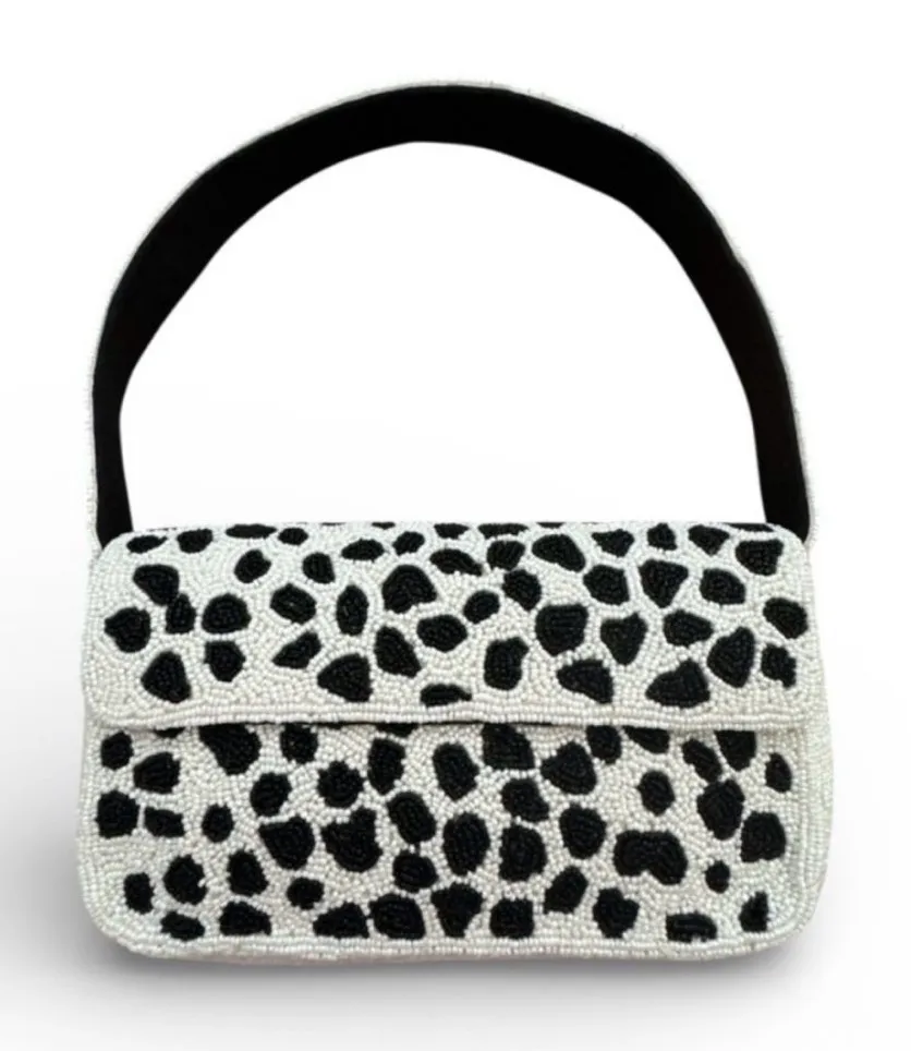 America & Beyond Snow leopard print Black and White
Beaded Shoulder Bag - Image 1