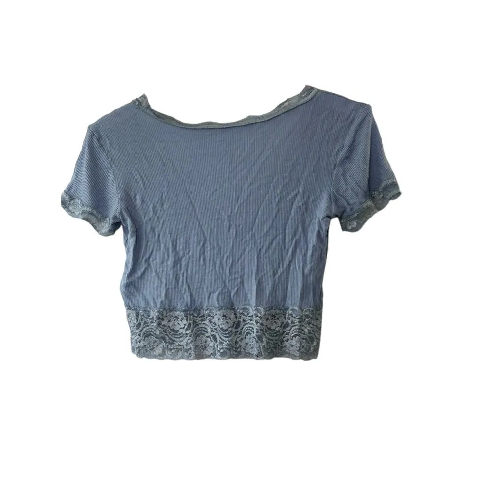 American Eagle Baby Blue Cropped & Ribbed Lacey Henley Short Sleeve Top Small - Image 11