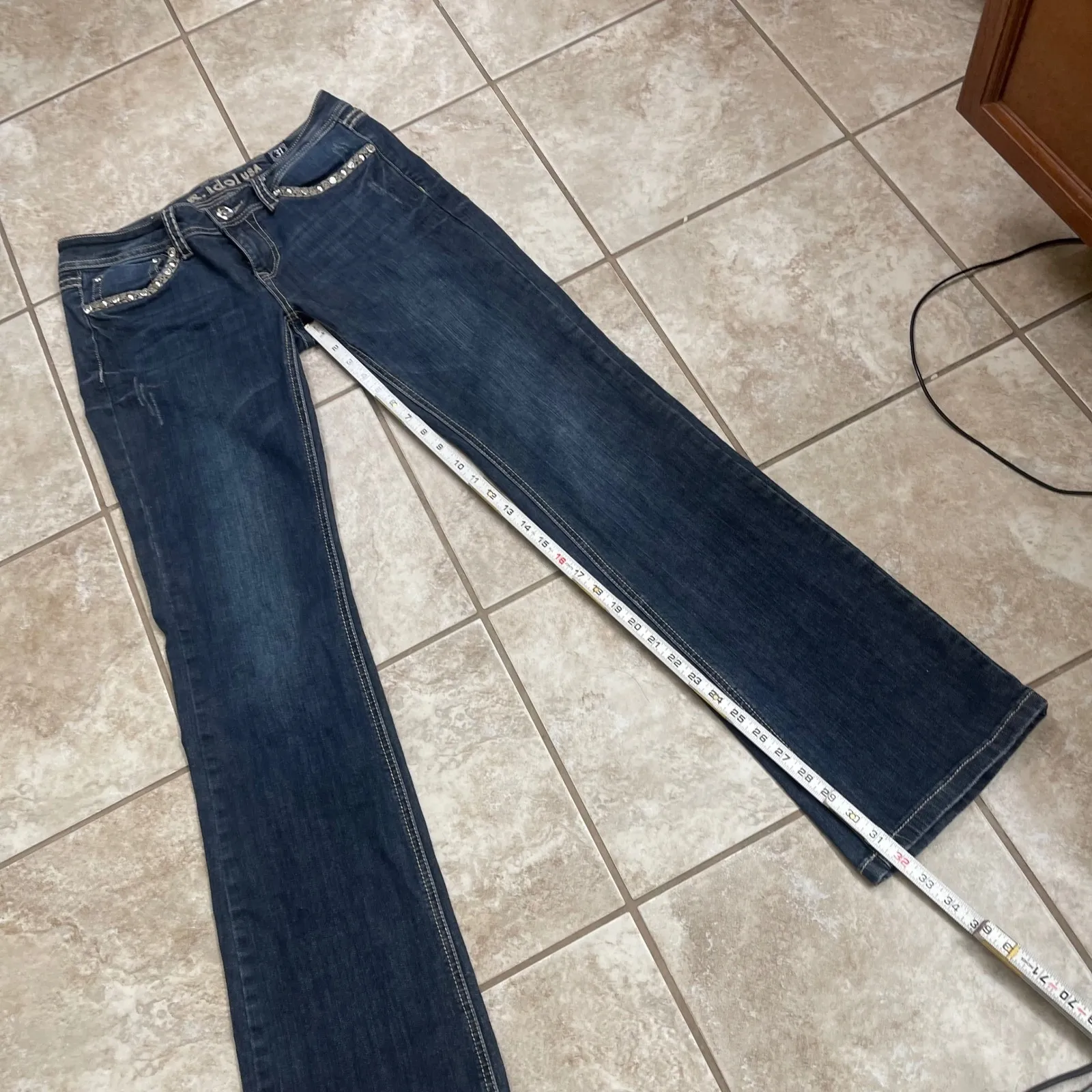 LA Idol USA Womens Embellished Bootcut Jeans Dark Wash Size 9/31 EUC bling boot Blue - Image 6